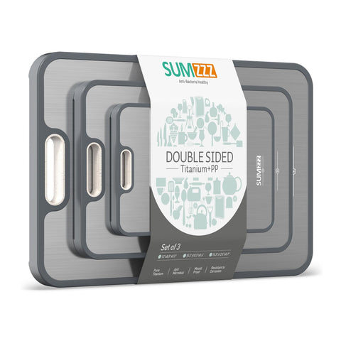 Sumzzz titanium cutting board front view shows clean durable surface and easy maintenance
