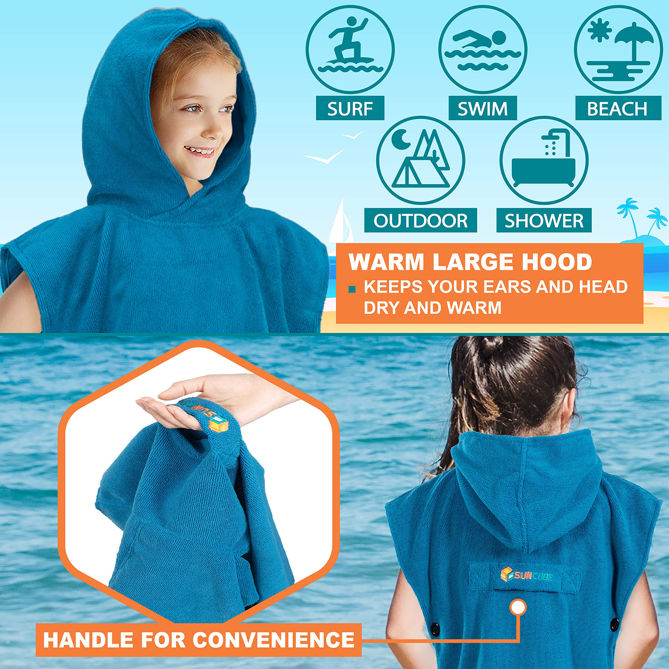 SUN CUBE child wearing poncho at beach illustrating easy changing and warmth