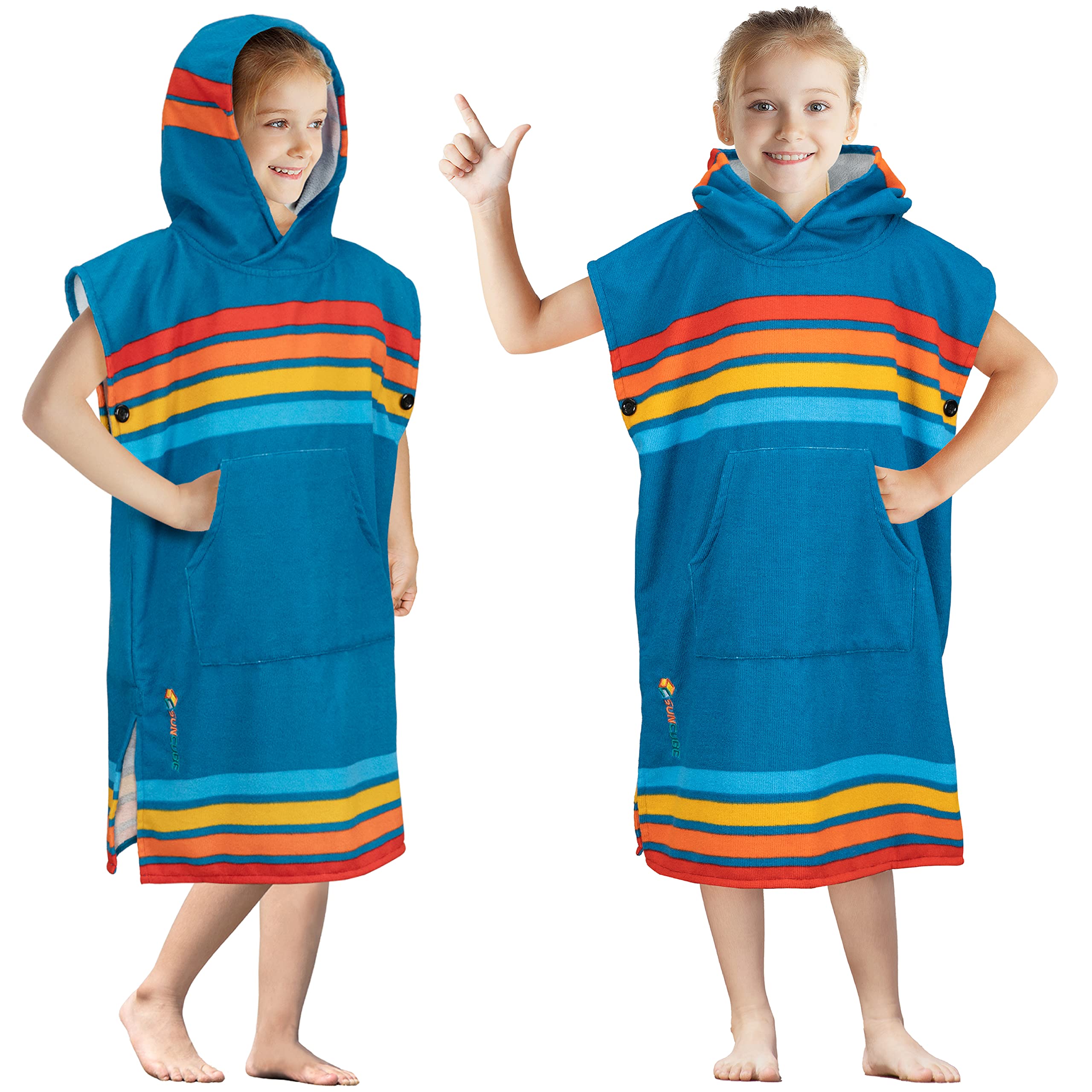 SUN CUBE front view hooded poncho showing full coverage and quick-dry benefit