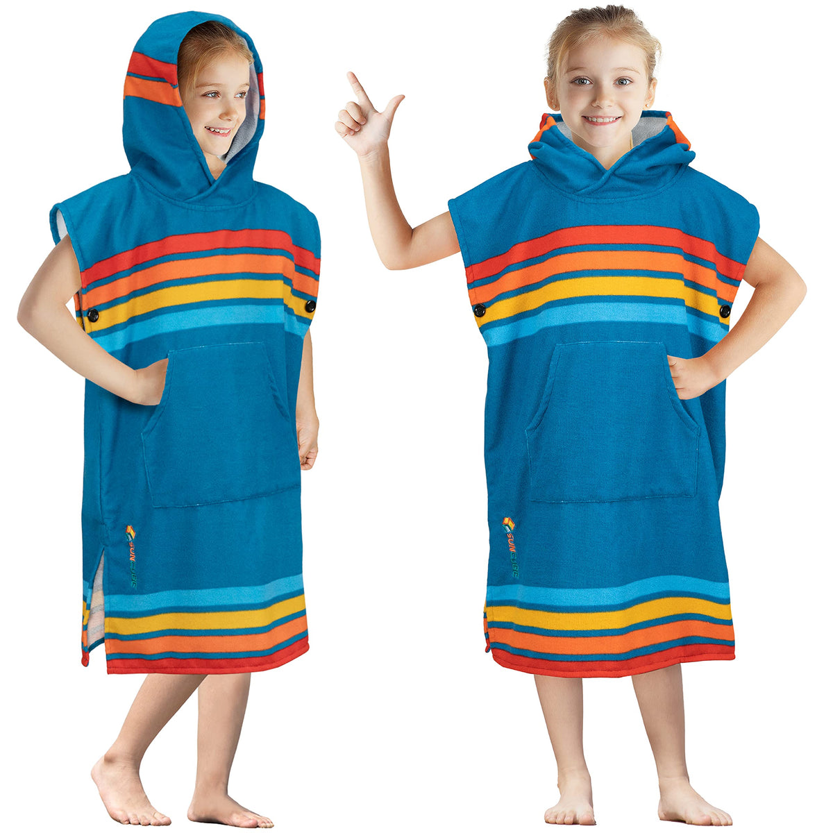 SUN CUBE front view hooded poncho showing full coverage and quick-dry benefit