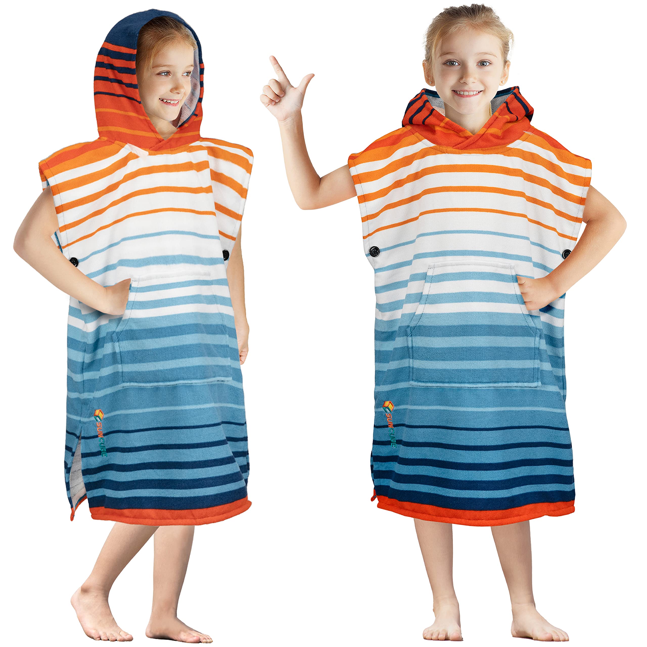 SUN CUBE front view of orange stripe poncho showing full robe and fit benefits