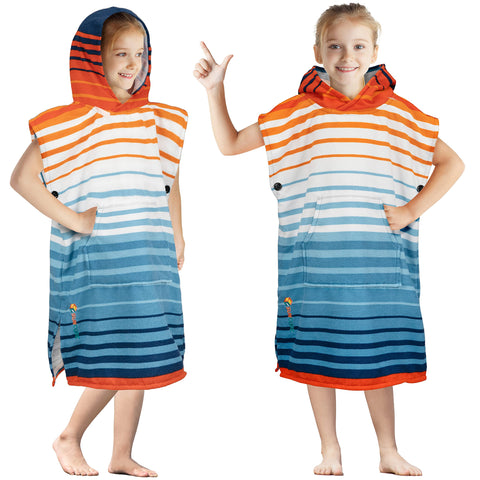 SUN CUBE front view of orange stripe poncho showing full robe and fit benefits