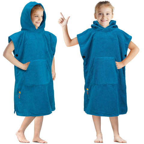 SUN CUBE front view of teal sea blue kids poncho showing full coverage and hood