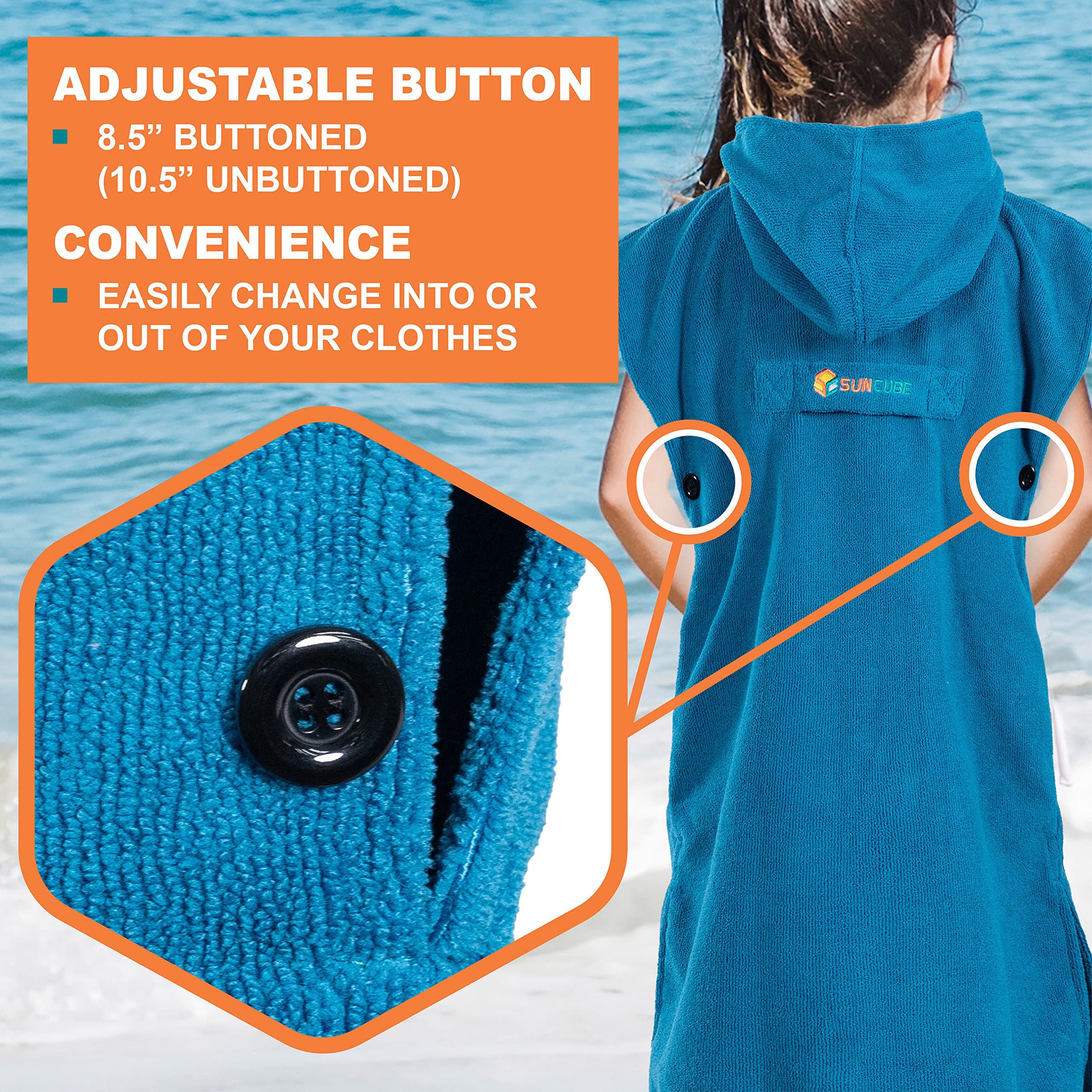 SUN CUBE sleeve button details showing adjustable coverage for kids