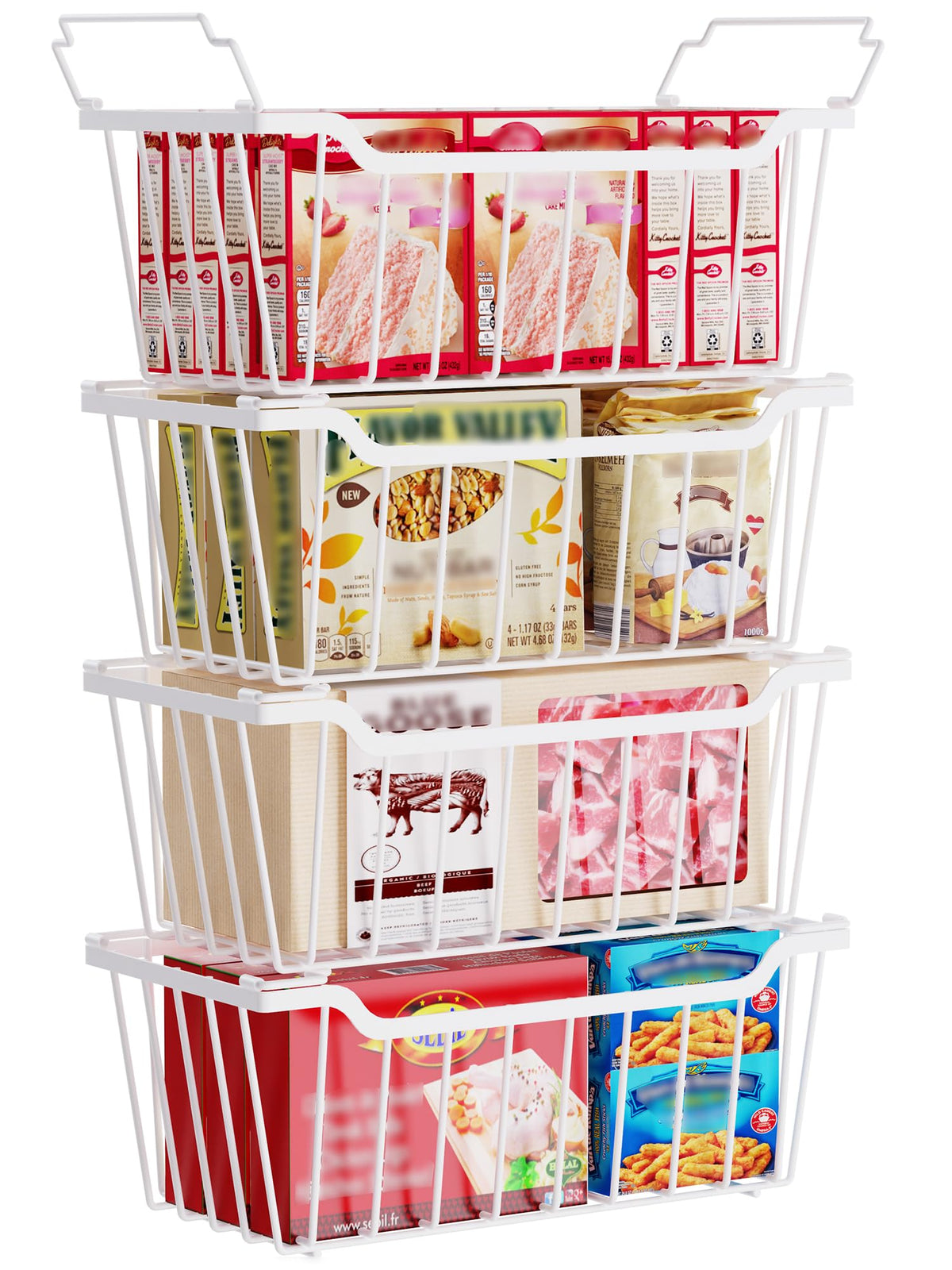 SUNALLY front view of four white wire bins showing organized freezer benefit