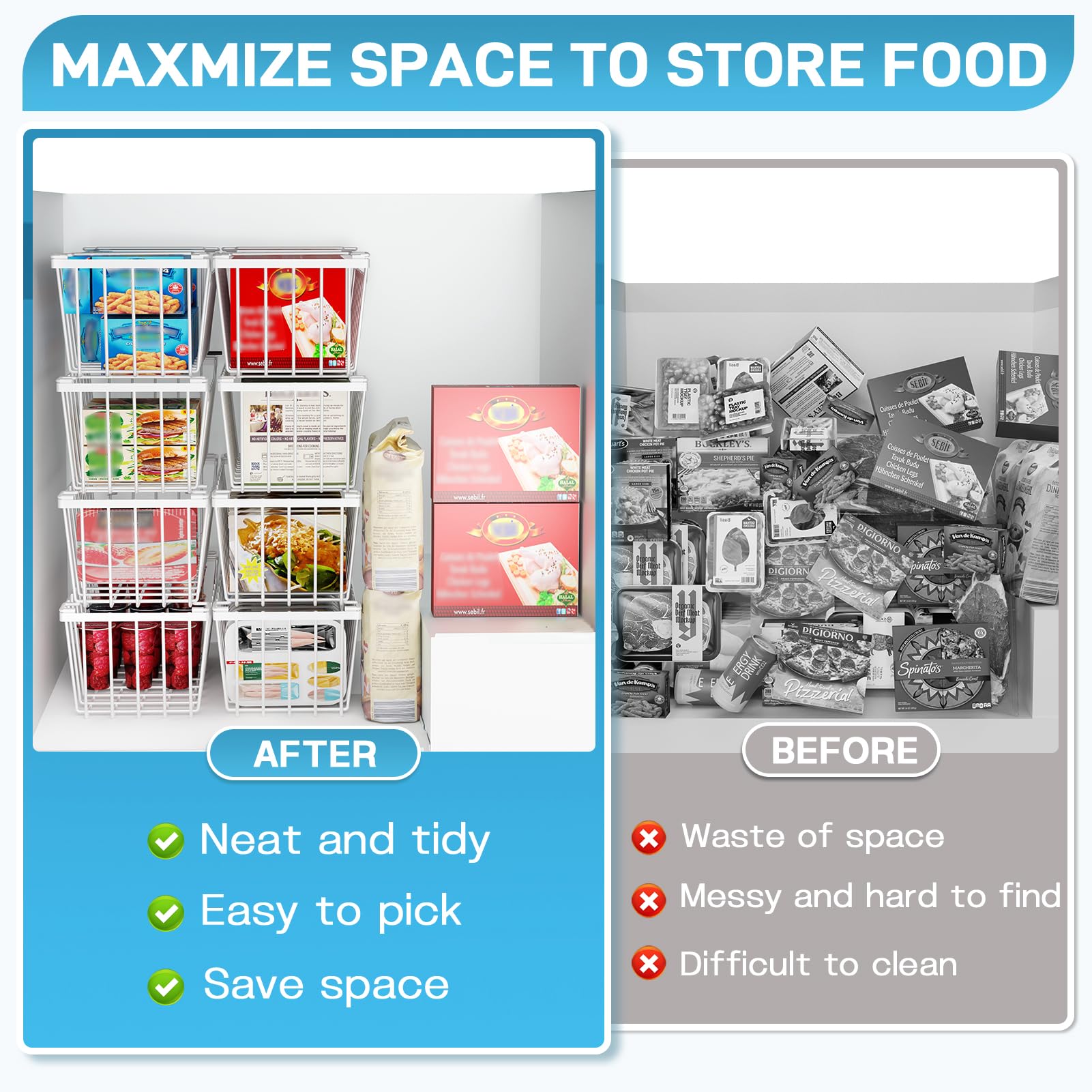 SUNALLY bin on upright freezer shelf showing quick visibility of contents