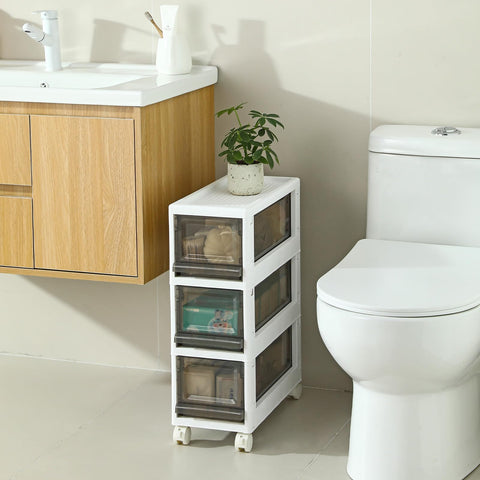 sunamon front view of slim cart showing three drawers and neat storage benefit