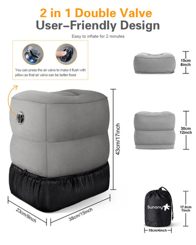 Sunany dual-valve detail showing quiet inflation and secure flush-close benefit