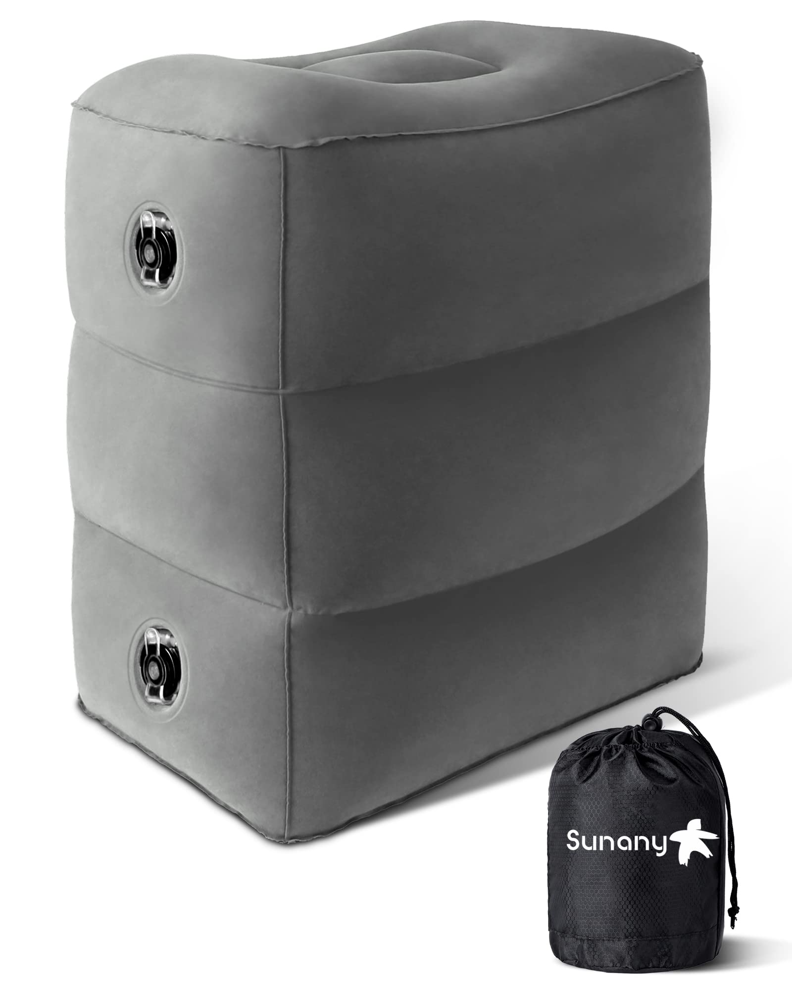 Sunany front view of dark grey inflatable footrest showing shape and size benefits