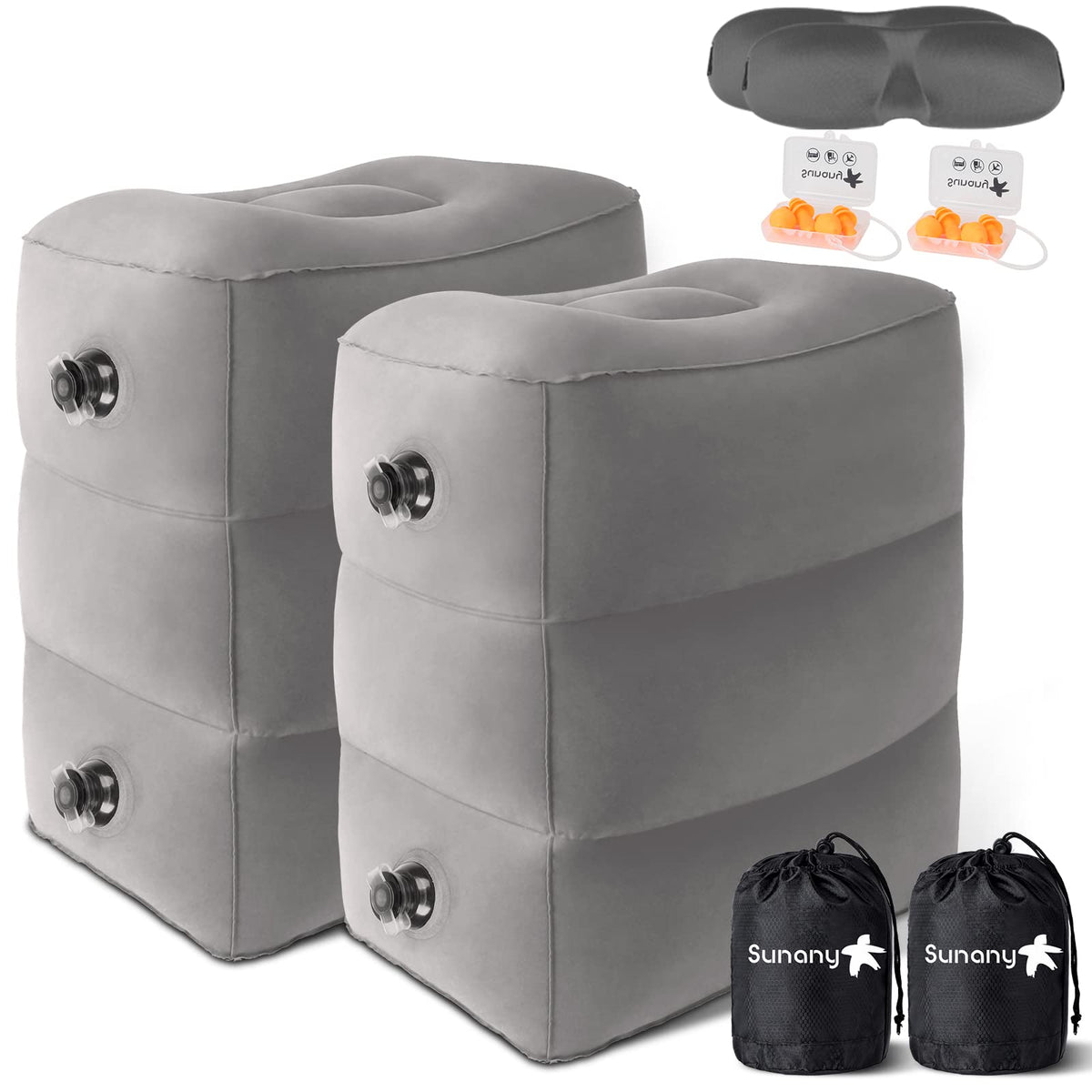 Sunany front packaging showing 2-pack travel foot rest and accessories for easy carrying