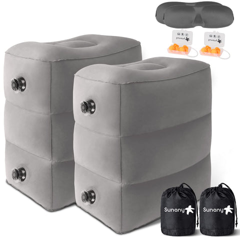 Sunany front packaging showing 2-pack travel foot rest and accessories for easy carrying