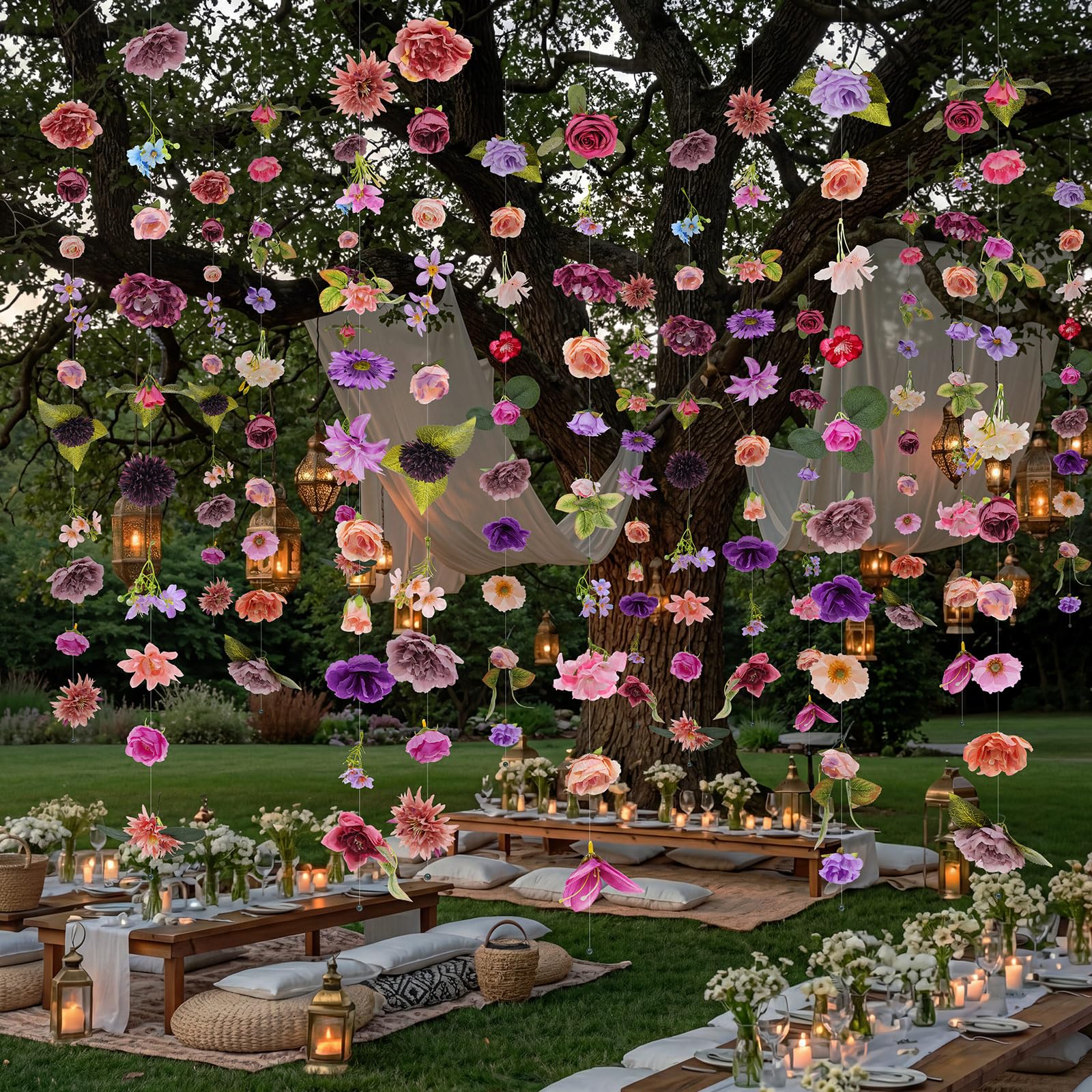 Suncalla garland draped over chair illustrating quick event styling benefit