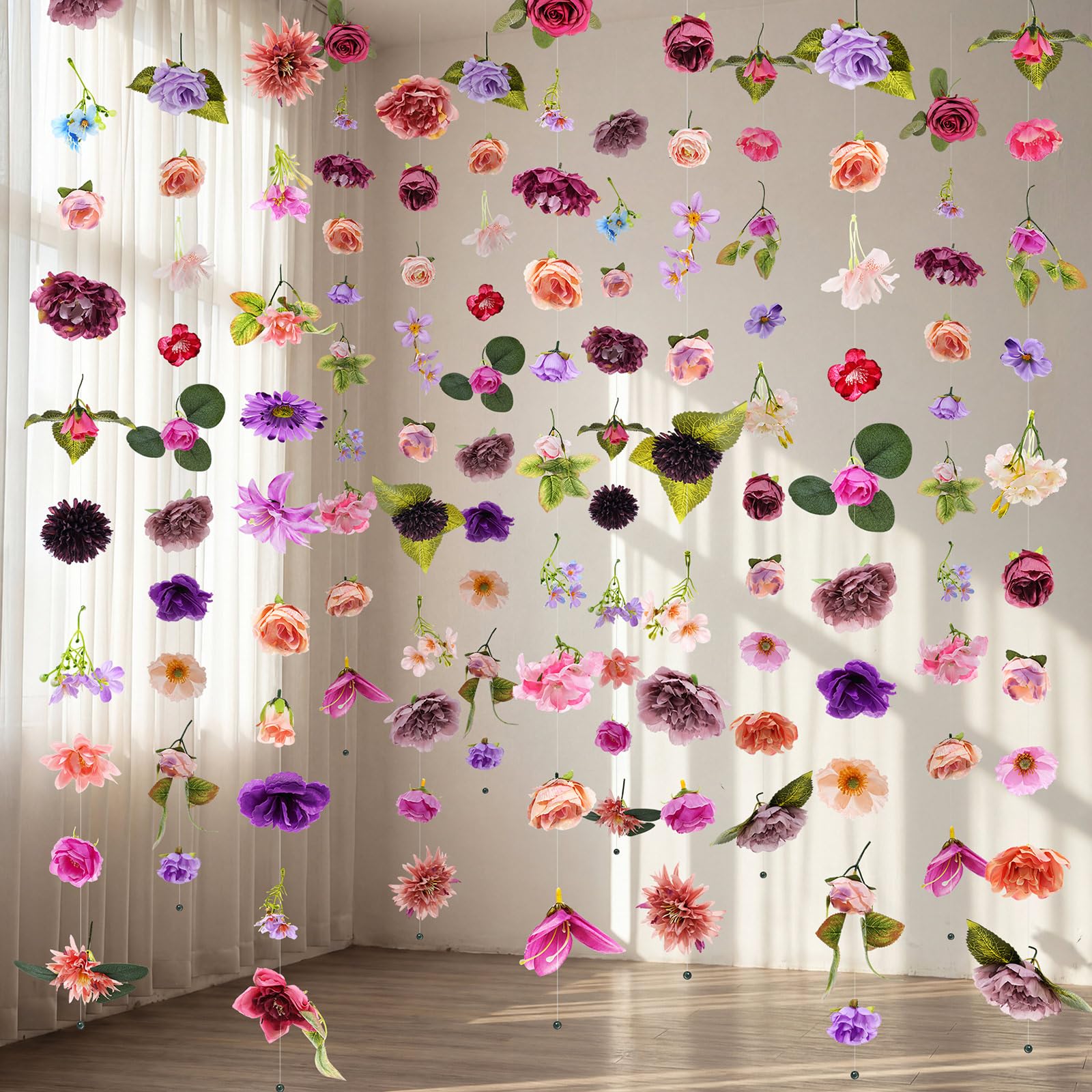Suncalla front view of six purple garlands showing full set and packaging advantage