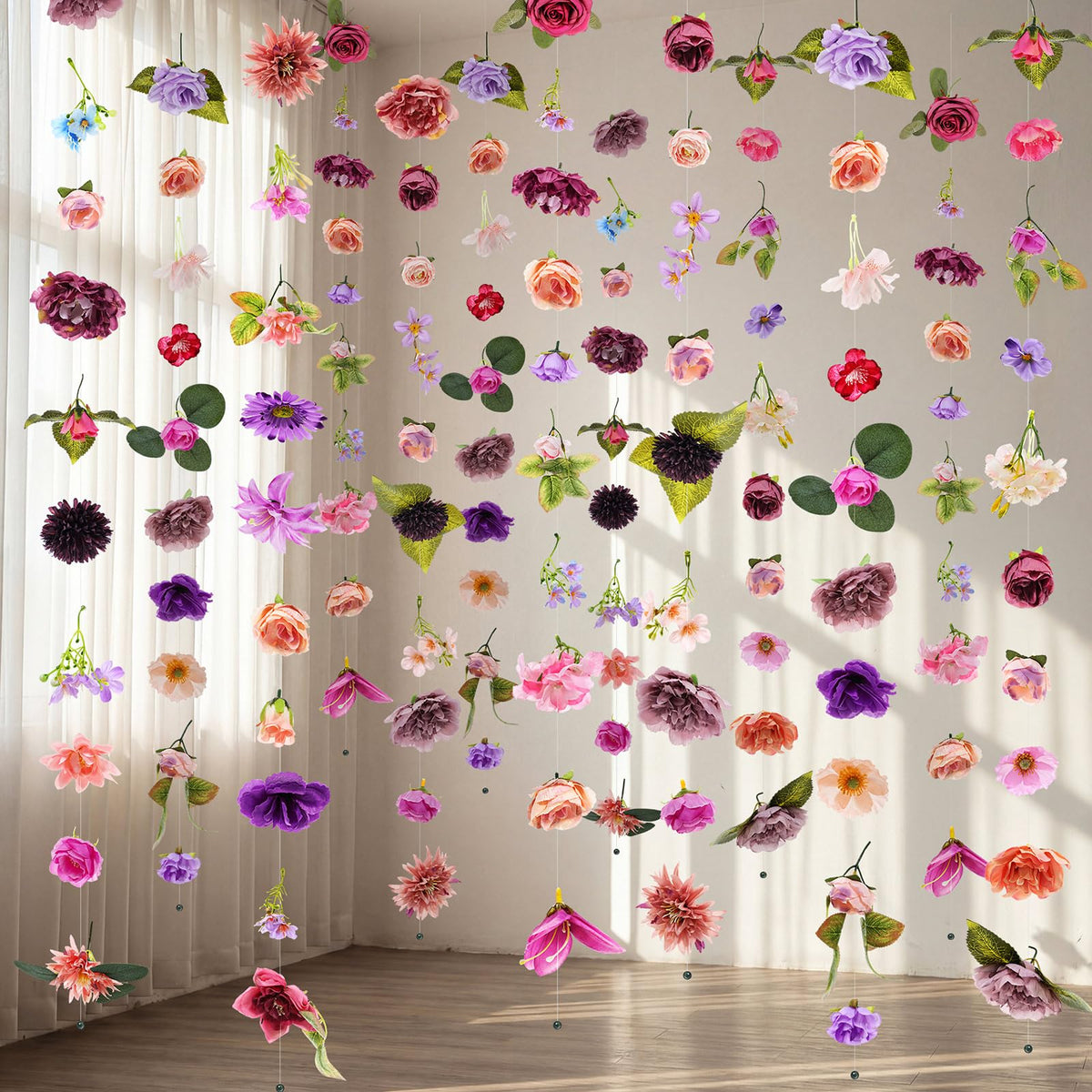 Suncalla front view of six purple garlands showing full set and packaging advantage