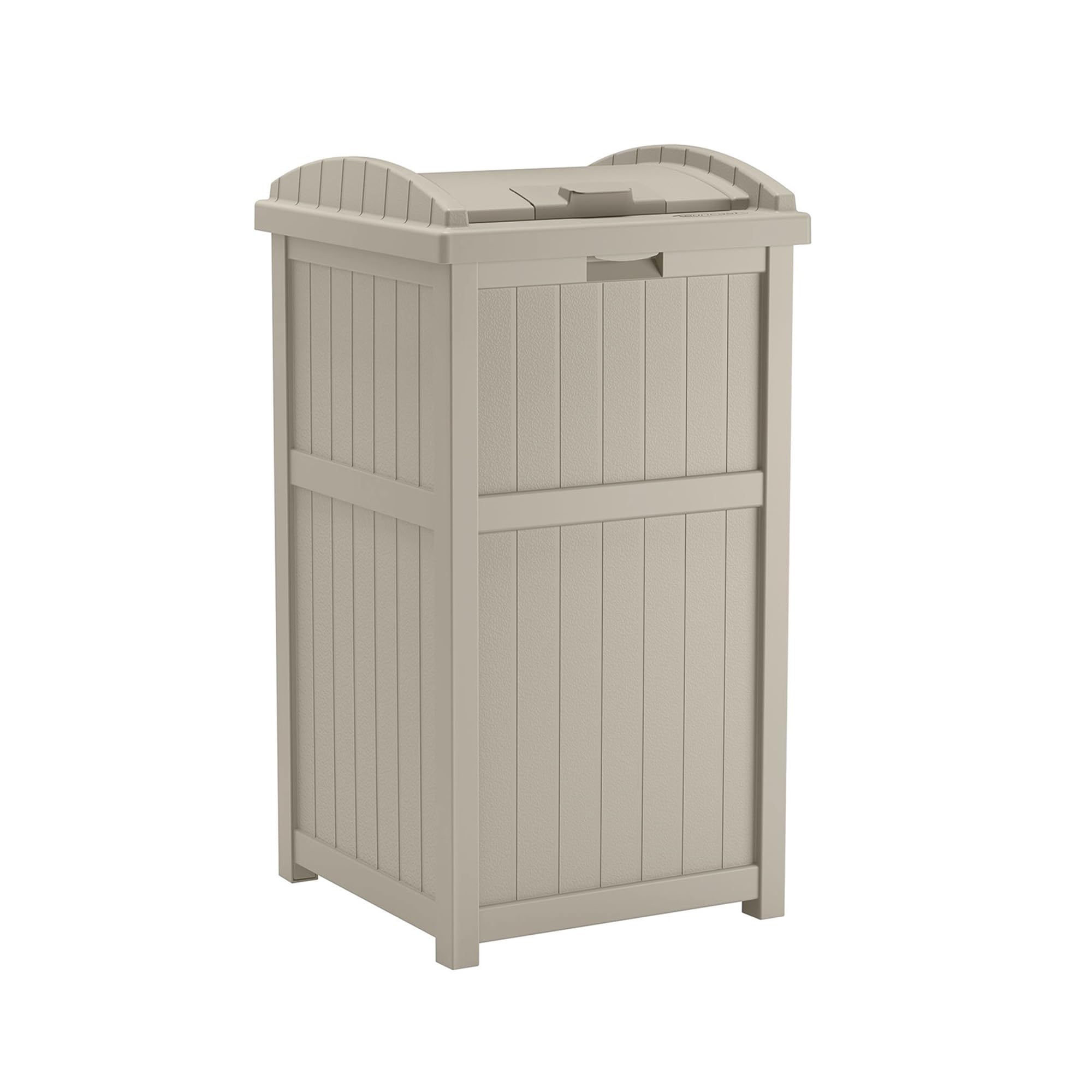 Suncast front view of hideaway bin showing neat outdoor storage benefit