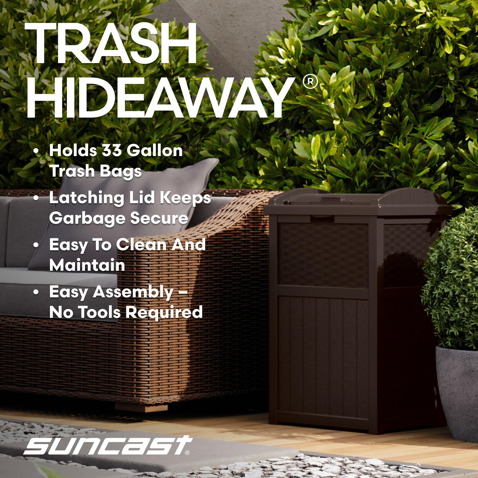 Suncast open top with 30-gallon bag for easy bag replacement benefit