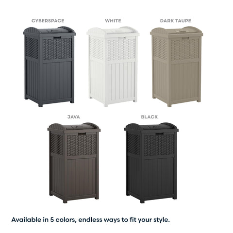 Suncast next to standard garbage bags showing 30–33 gallon capacity