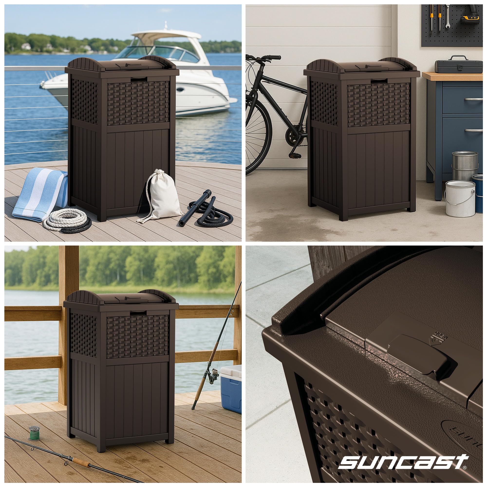 Suncast side profile on patio illustrating compact footprint advantage