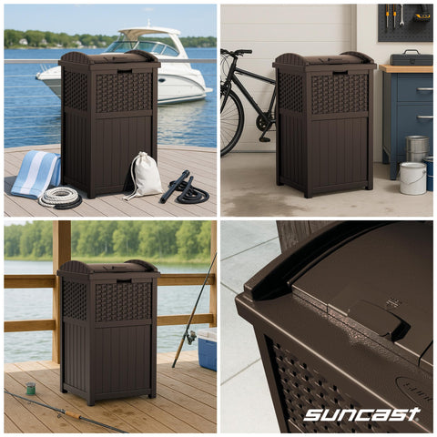 Suncast side profile on patio illustrating compact footprint advantage