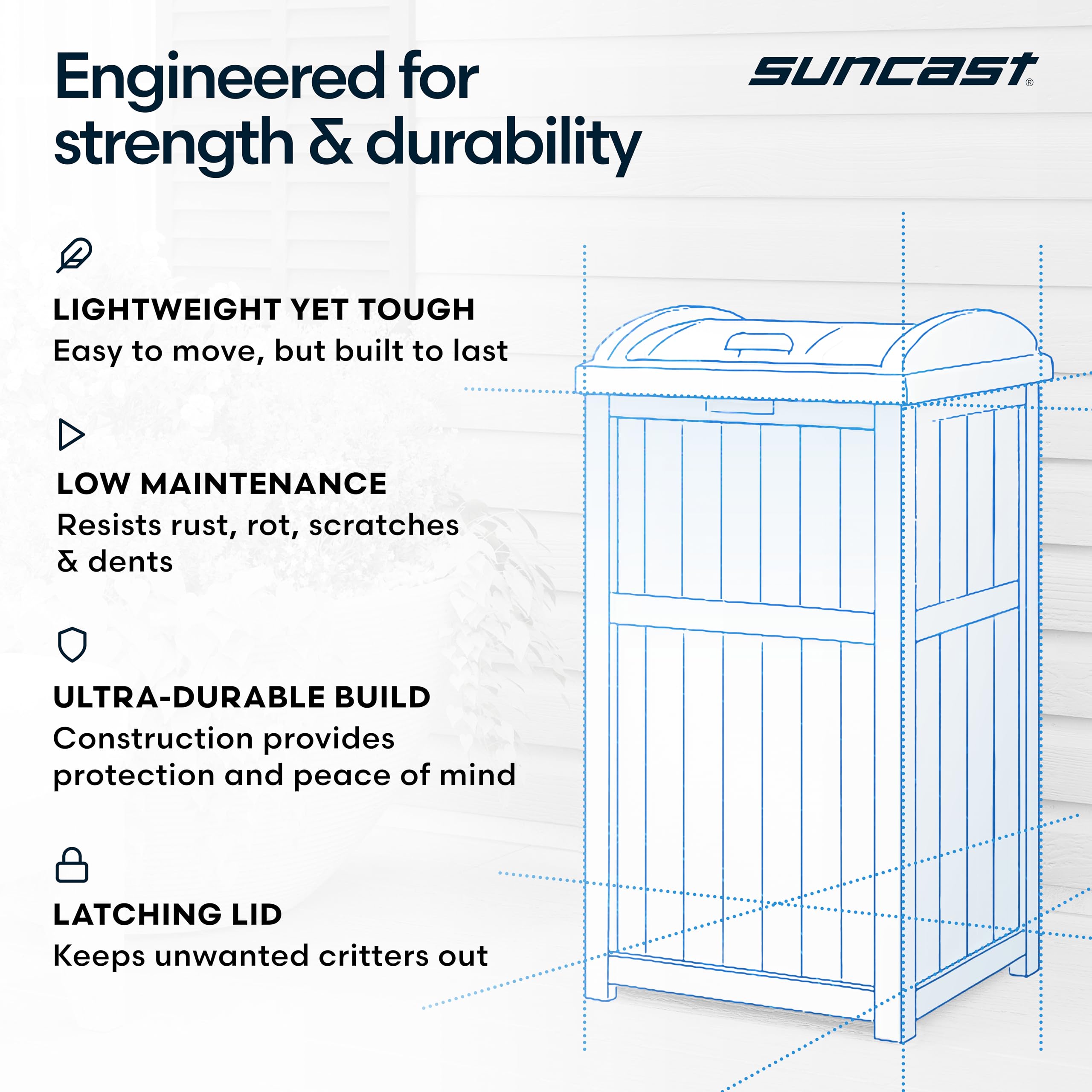 Suncast shedding rain on surface demonstrating weather resistance