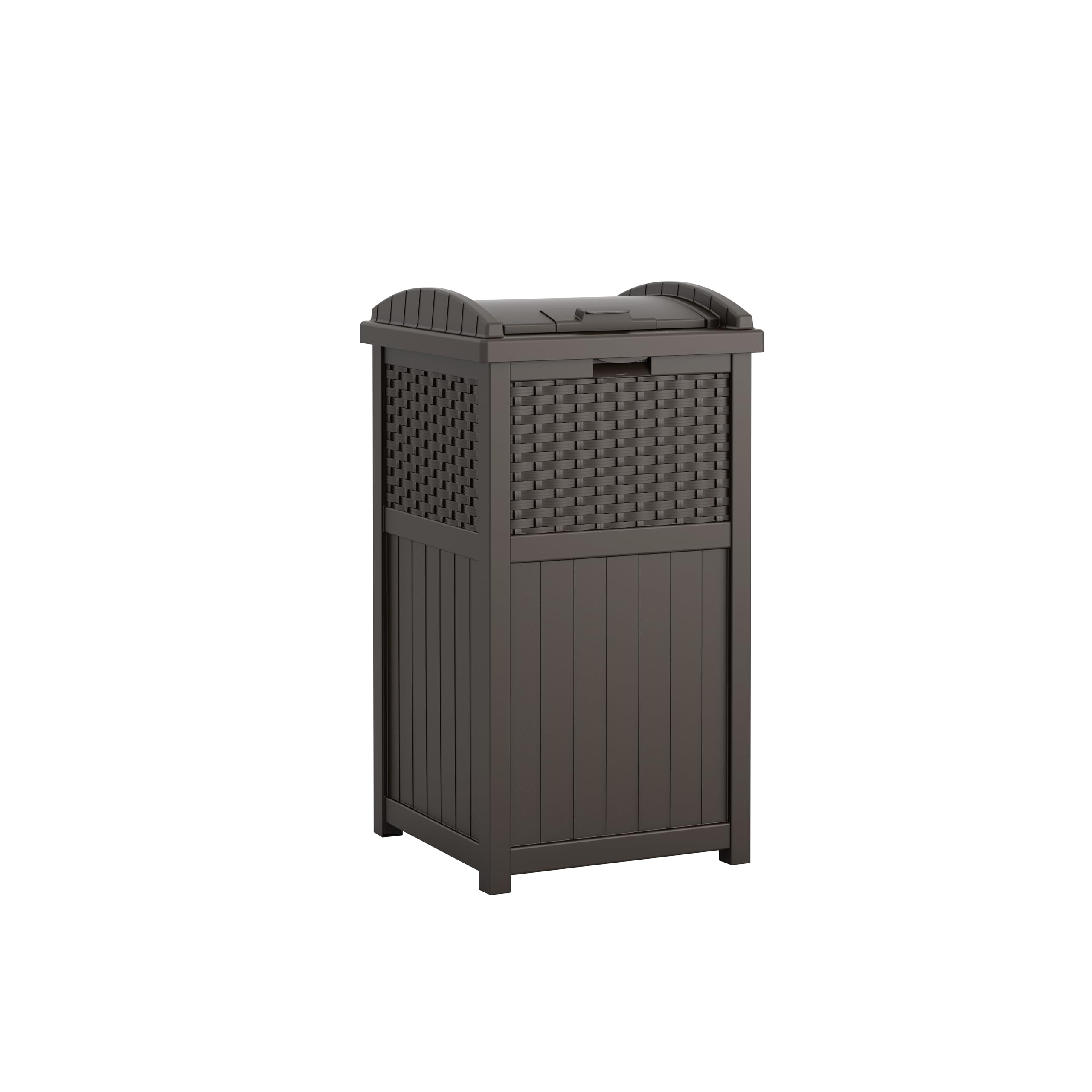 Suncast front view showing wicker-style hideaway and neat curb appeal