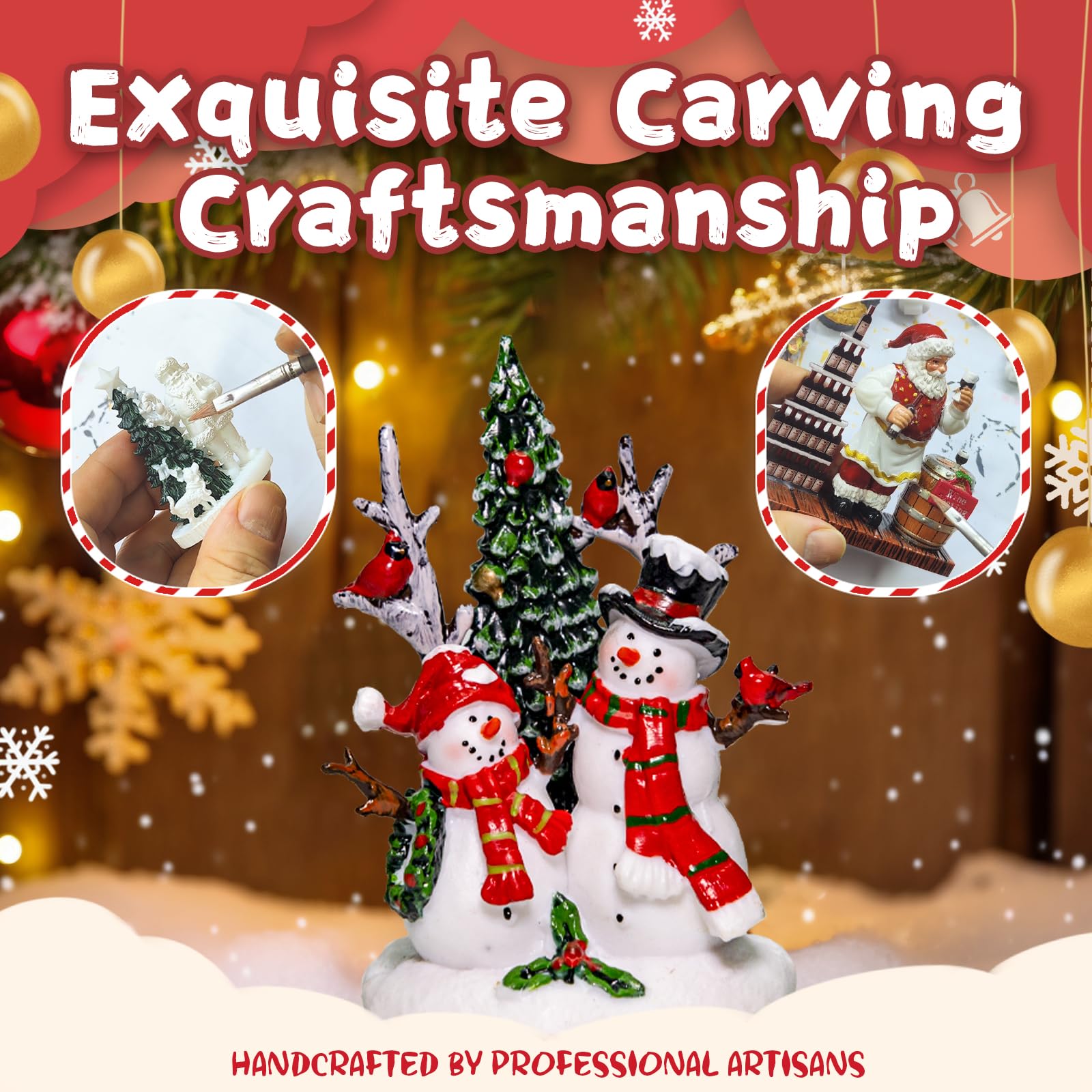 SUNFACE close-up of hand-painted snowmen and tree, highlights artisan detailing and charm