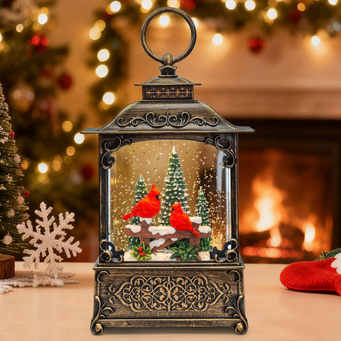 SUNFACE front view of lantern showing cardinals and trees, creates cozy glow