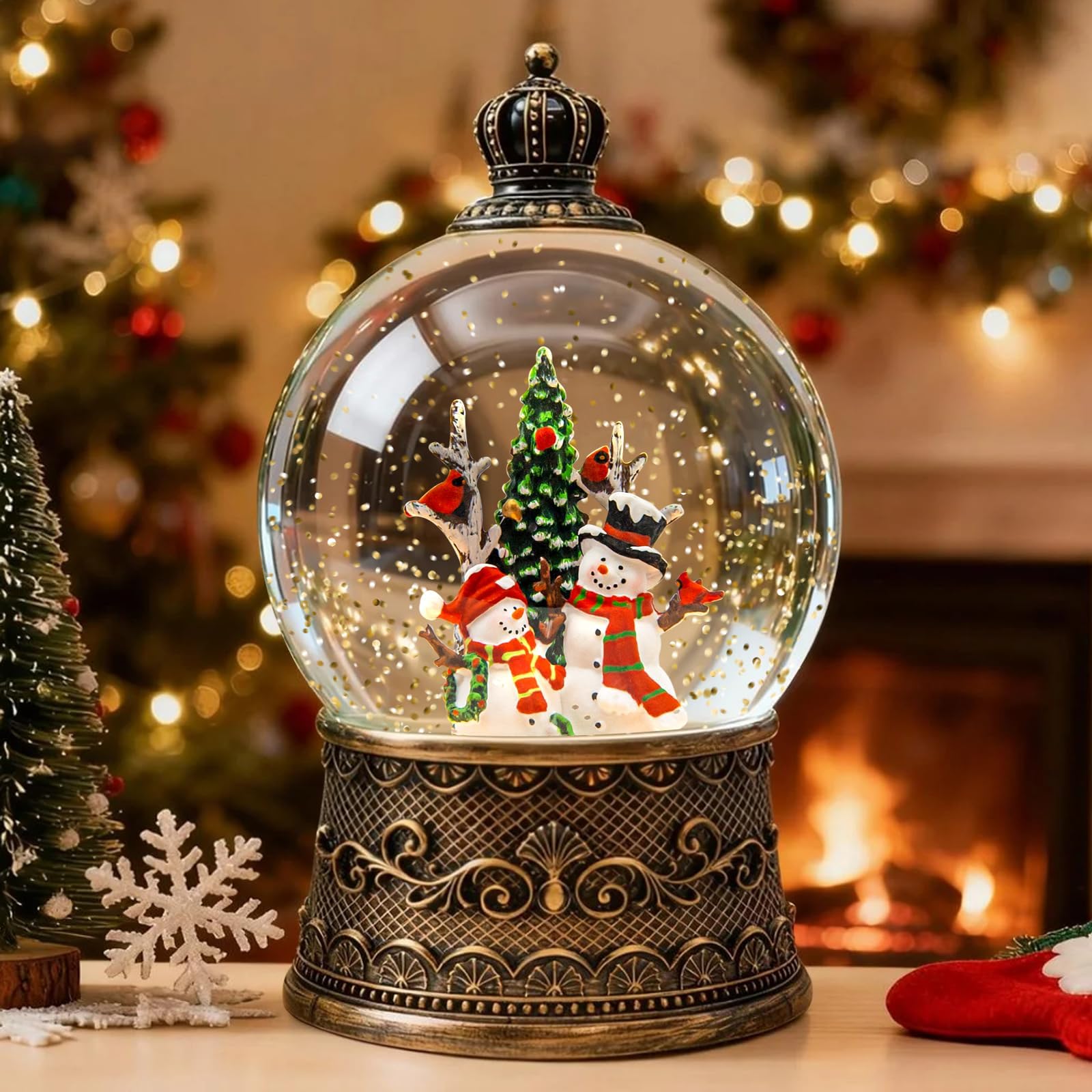 SUNFACE front view of snow globe showing lit snowmen and tree, adds cozy holiday ambiance