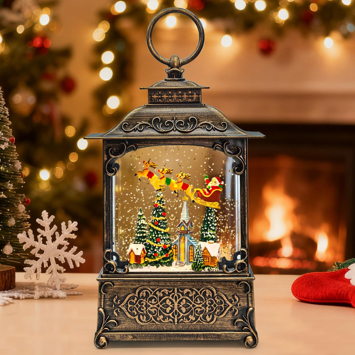 SUNFACE front view lantern showing illuminated Santa village and warm glow