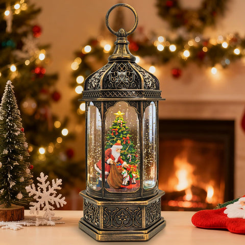 SUNFACE front view lantern on table showing warm LED glow and festive scene