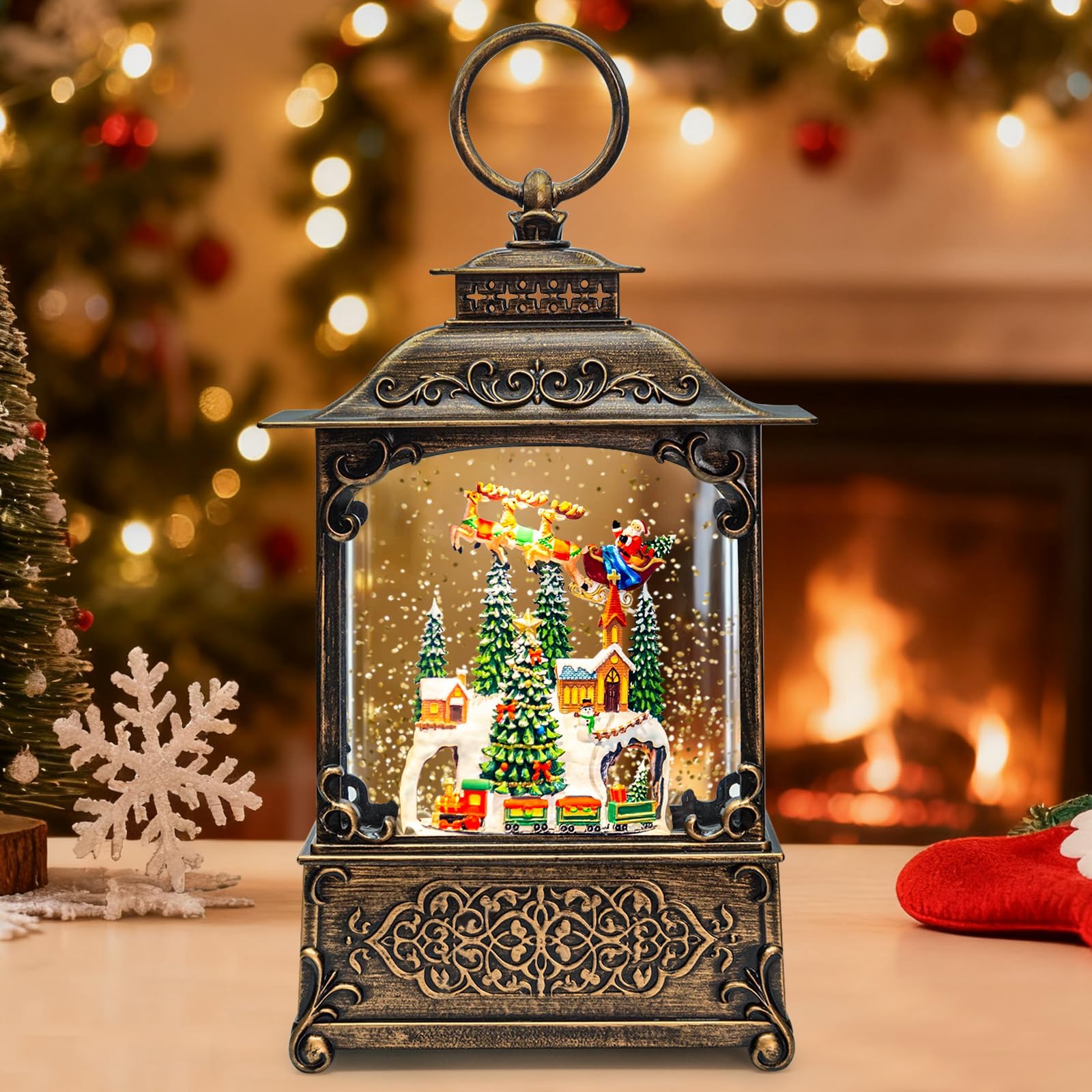 SUNFACE front view lantern lit on mantel providing warm holiday glow