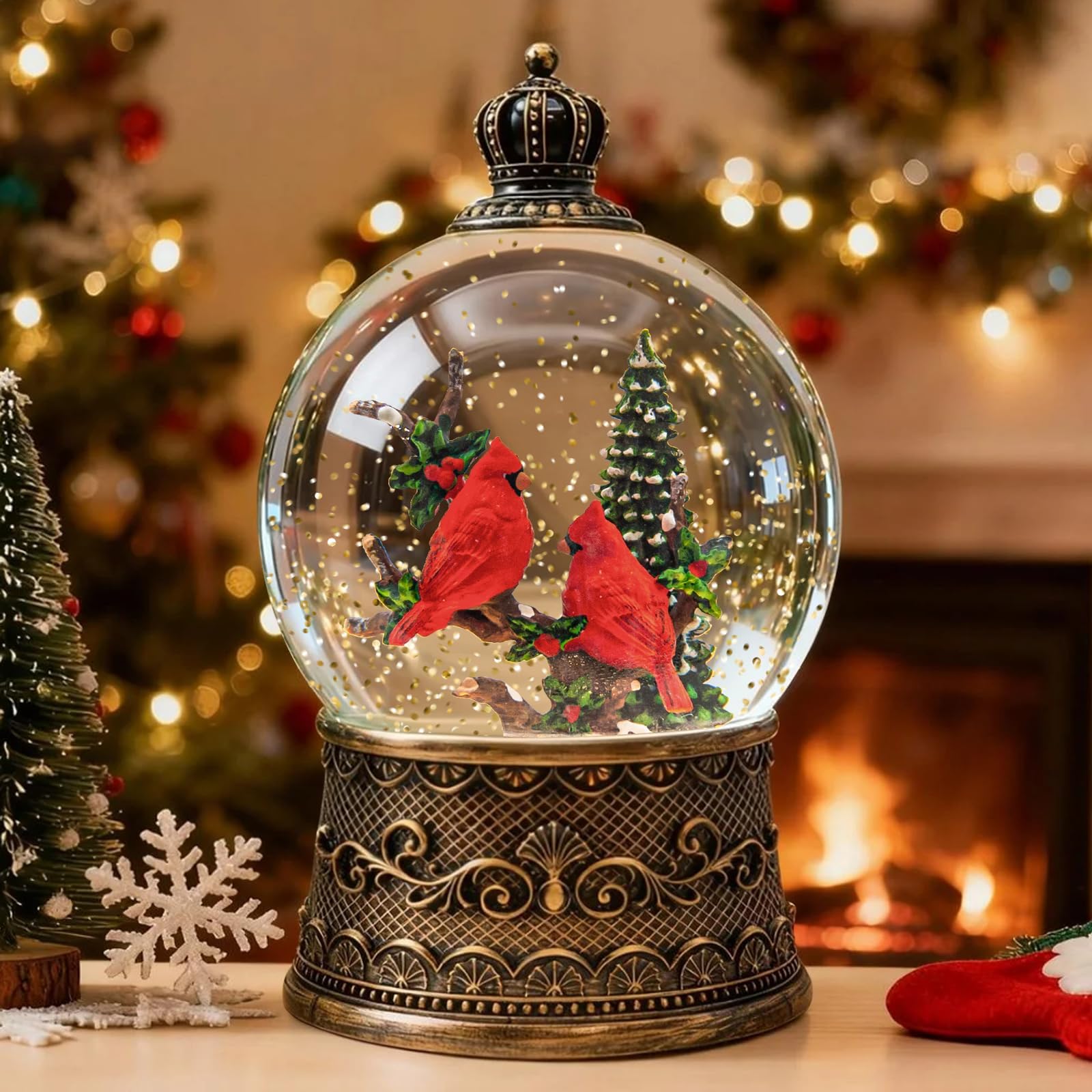 SUNFACE front view showing red cardinals and glowing tree, creates cozy holiday charm