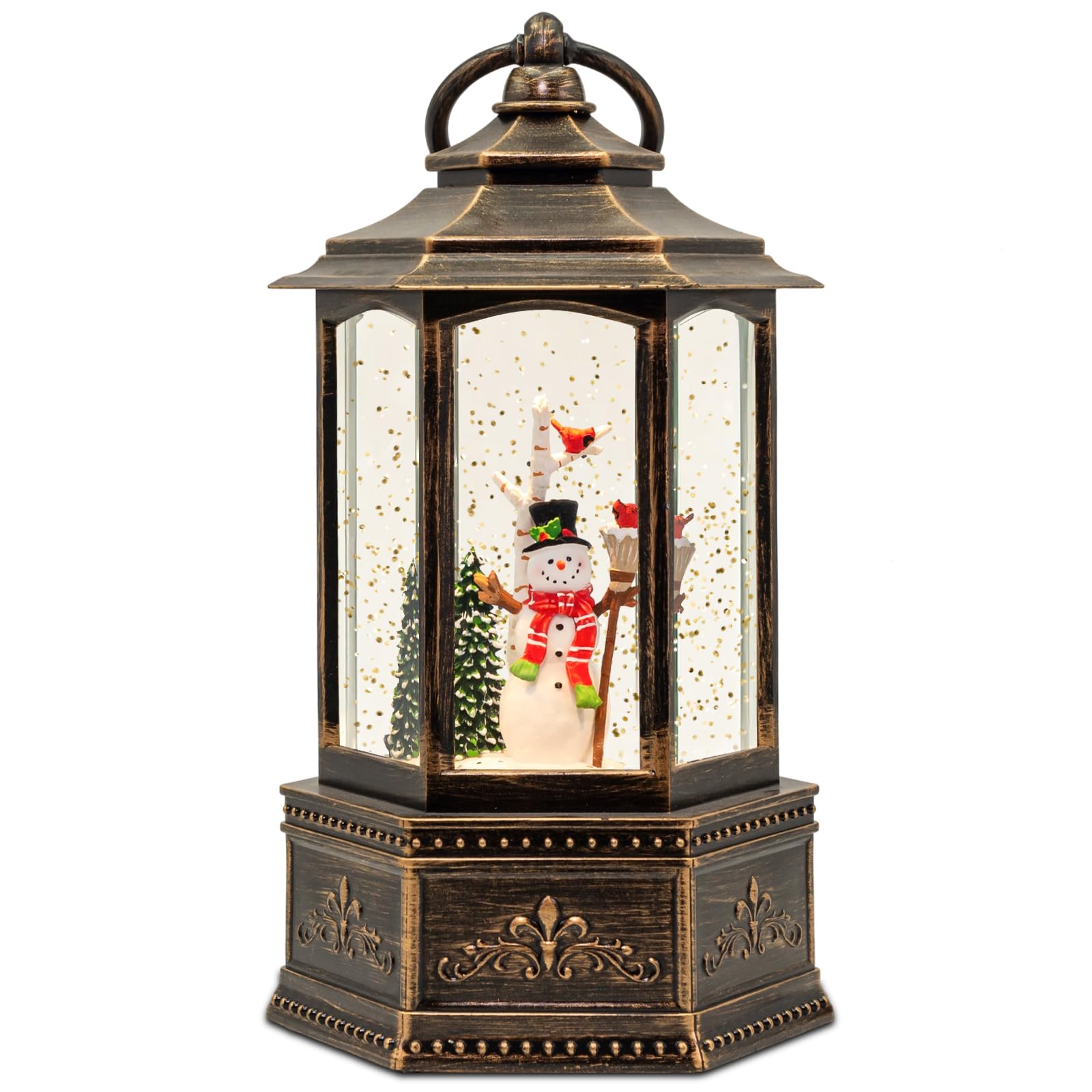 SUNFACE front view of snow globe showing holiday scene and glow benefits