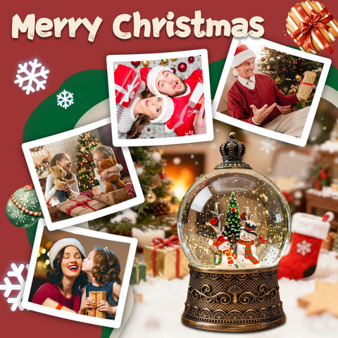 SUNFACE snow globe on mantel in holiday scene, provides warm, festive centerpiece inspiration