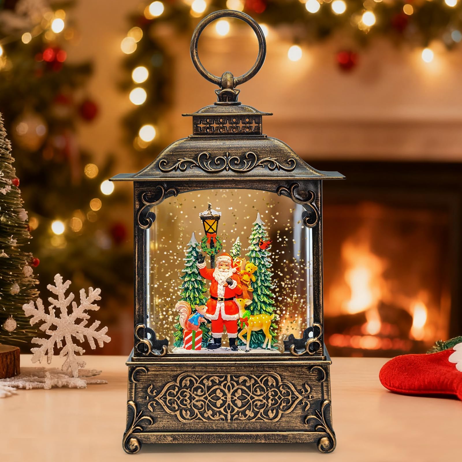 SUNFACE front view of snow globe lantern showing Santa and woodland scene for festive decor