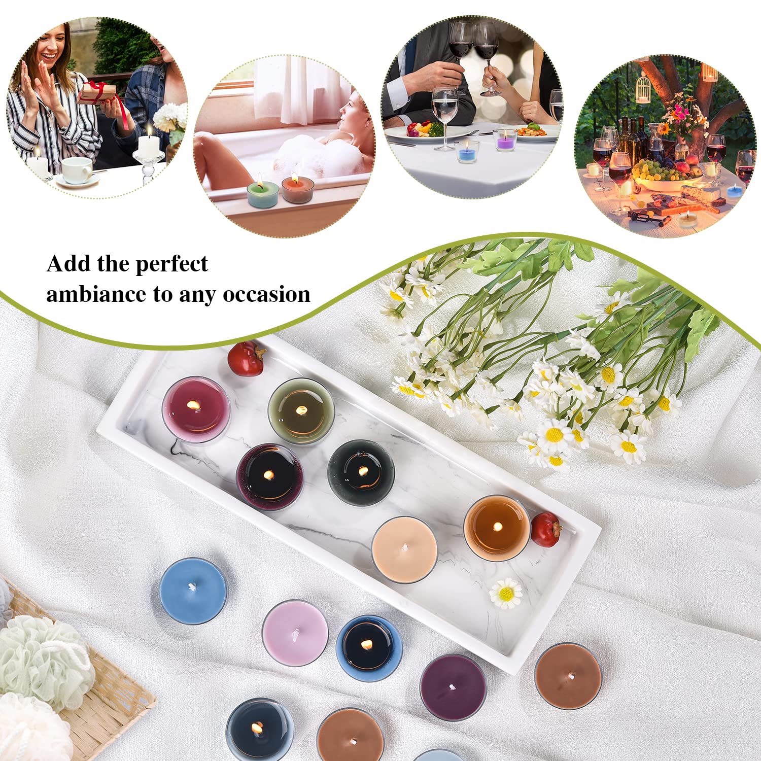 Sungmor tealights placed in a glass holder creating gentle, smokeless glow