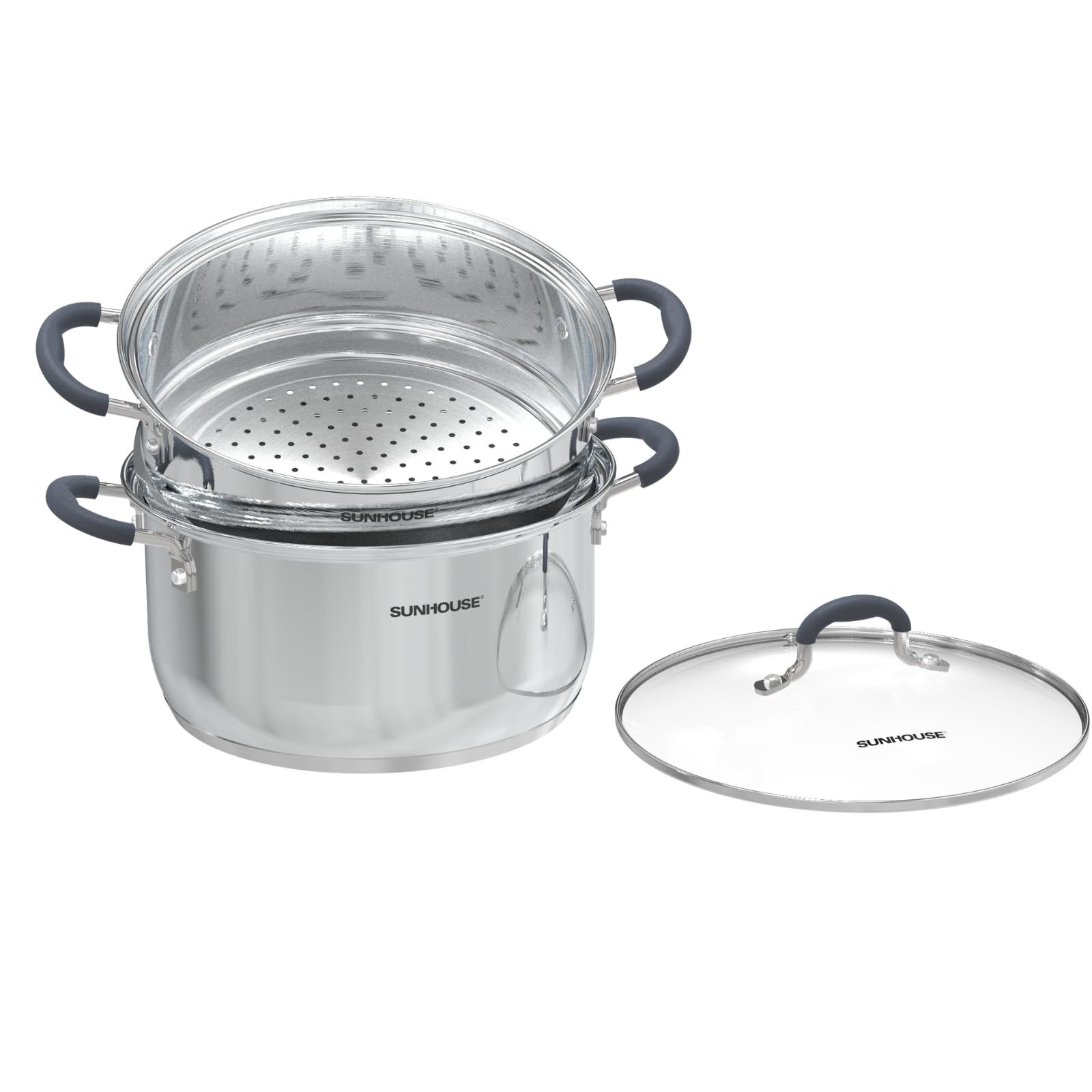Sunhouse front view of 2‑tier steamer pot showing compact design and versatility