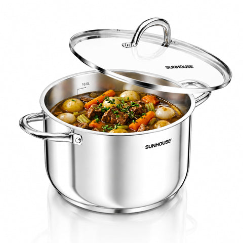 Sunhouse front view of stock pot showing polished finish and capacity benefit