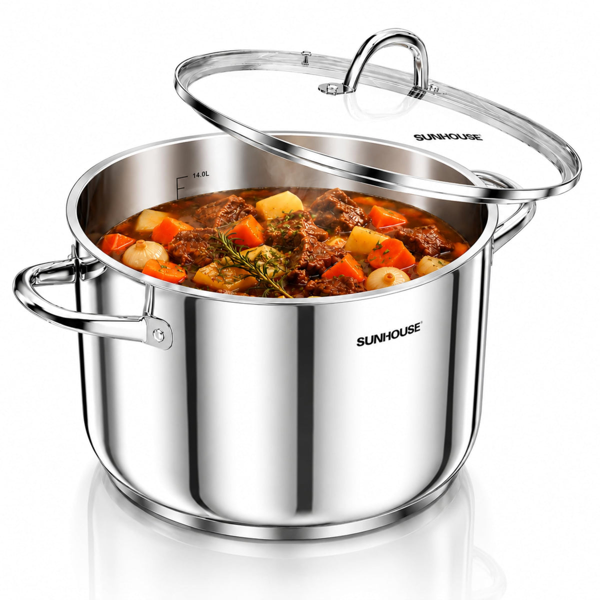 Sunhouse front view of 16 quart stock pot showing full capacity and polished finish
