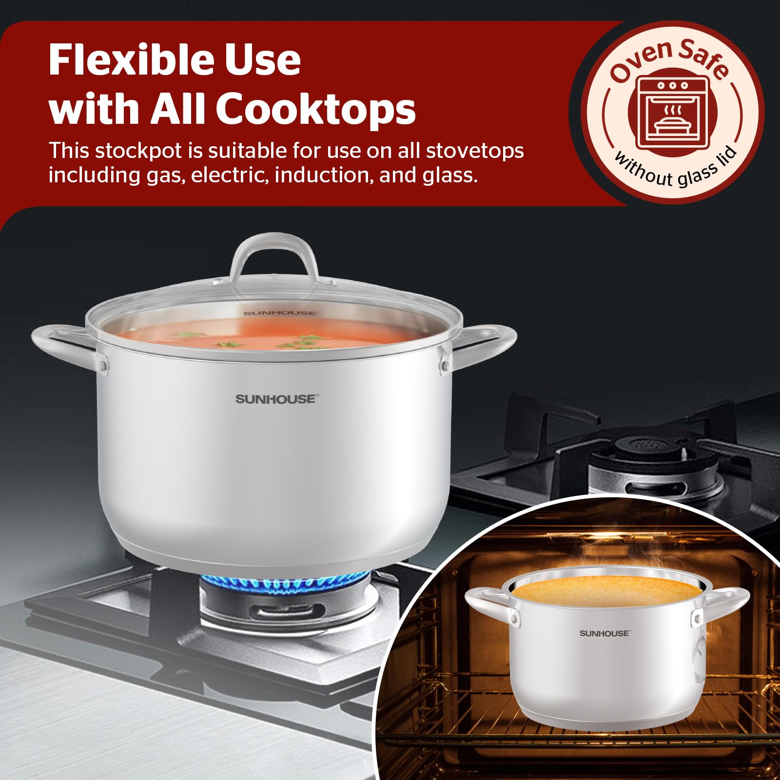 Sunhouse pot in use simmering soup illustrating even heat and large capacity