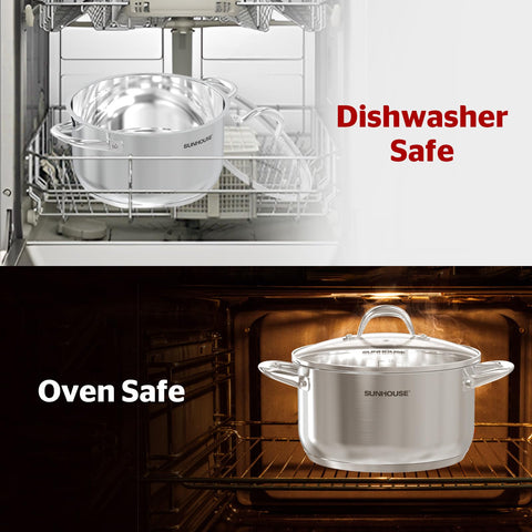 Sunhouse stock pot in oven demonstrating oven-safe versatility