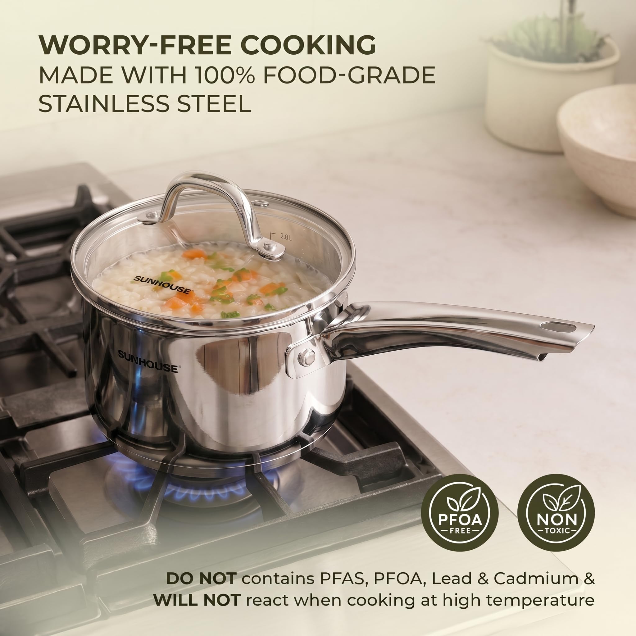 Sunhouse saucepan three-ply base close-up for even heat transfer and anti-bulge benefit