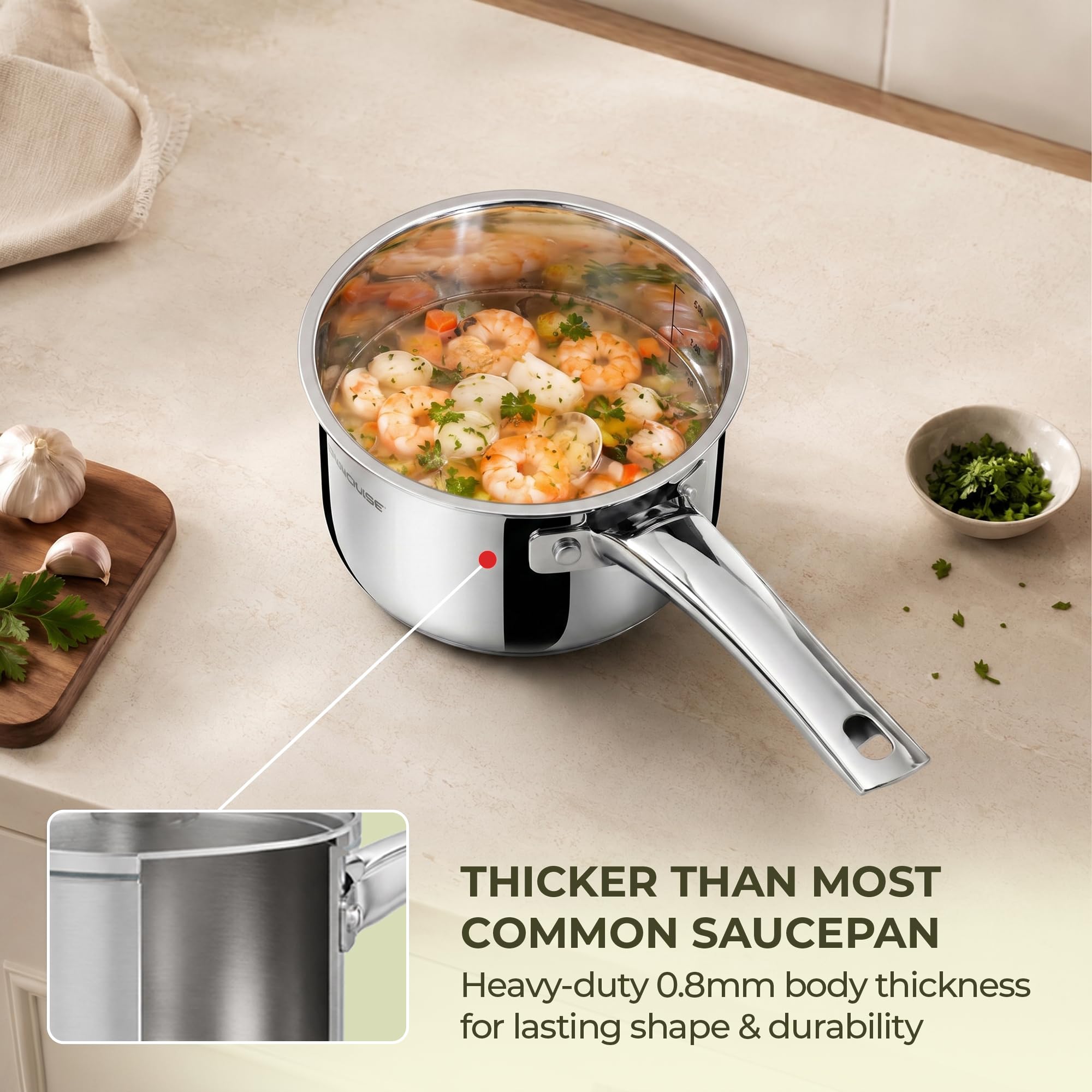 Sunhouse saucepan ergonomic handle detail for secure grip and stay-cool comfort benefit