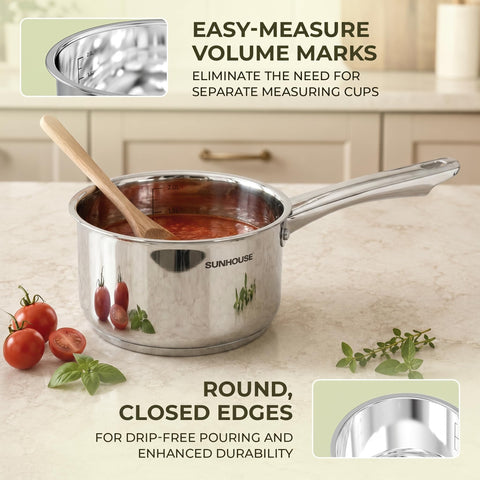 Sunhouse saucepan cooking on induction hob illustrating universal compatibility and fast heating benefit
