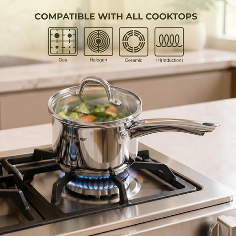 Sunhouse saucepan rounded pour edge demonstrating drip-free pouring and tidy serving benefit