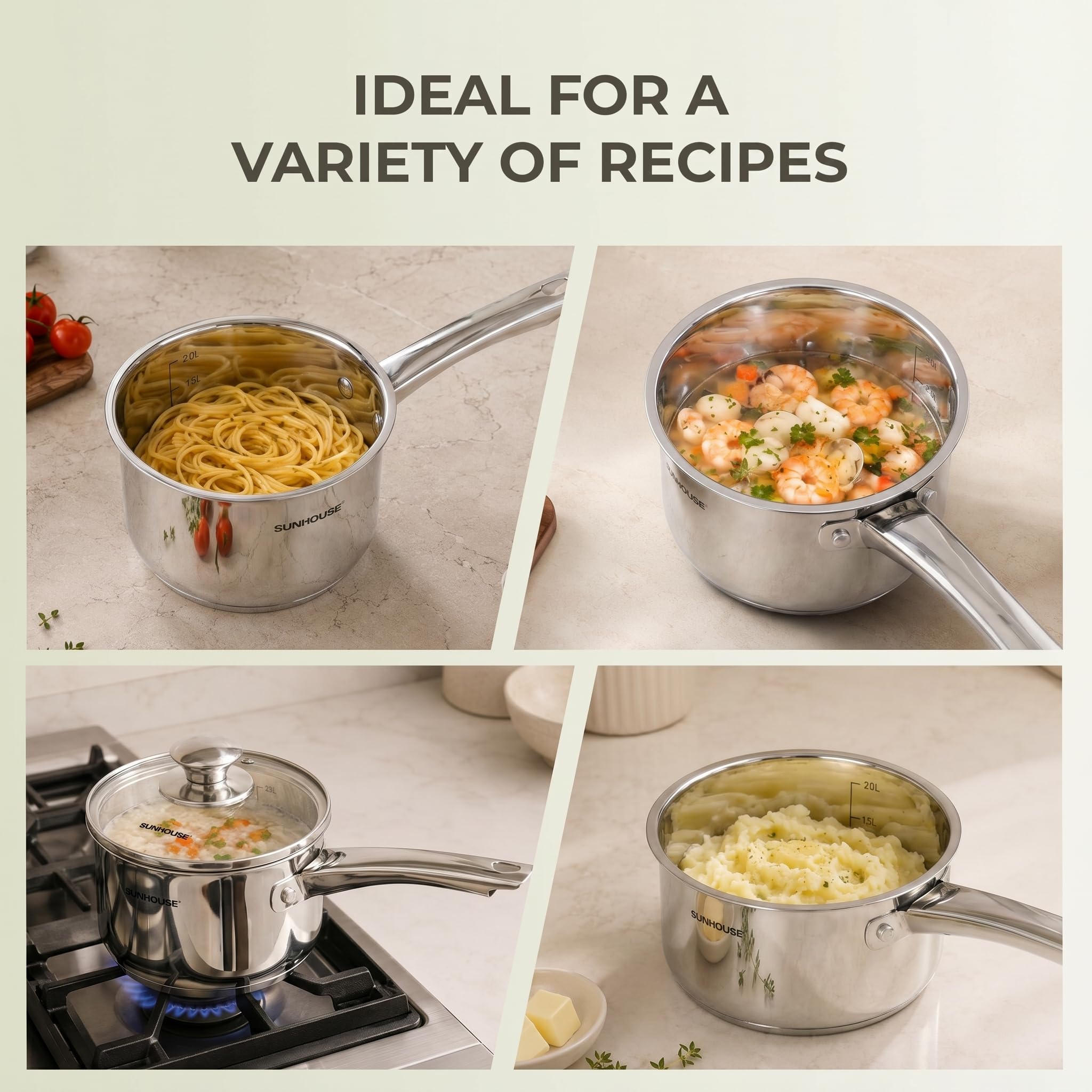Sunhouse saucepan beside common utensils for scale showing compact 3-quart capacity benefit