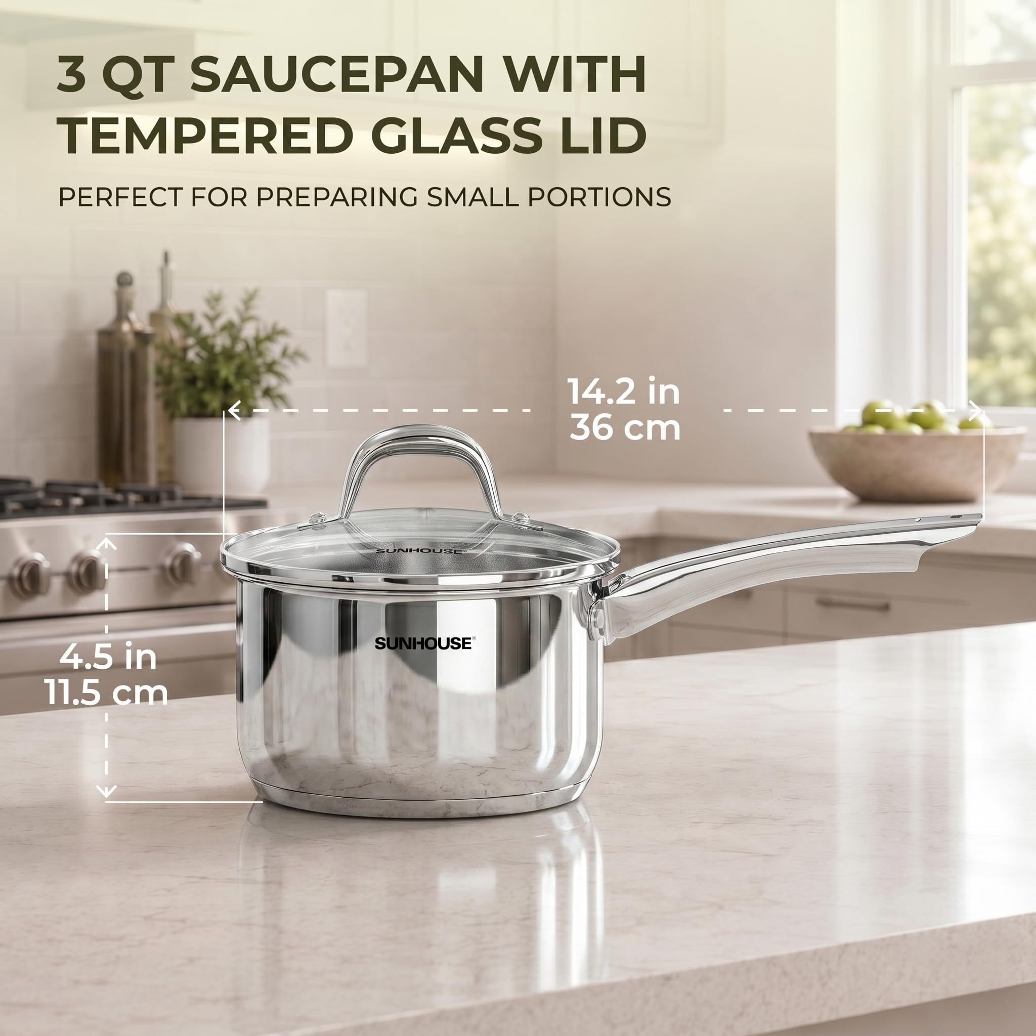 Sunhouse saucepan tempered glass lid allowing visual monitoring and moisture retention benefit