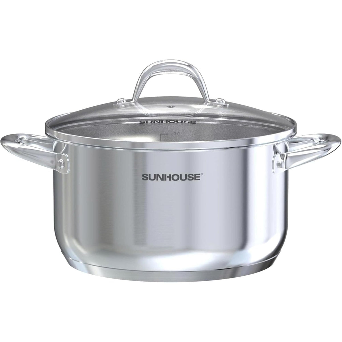 Sunhouse stock pot front view showing polished finish and lid, durable cooking