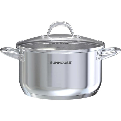 Sunhouse stock pot front view showing polished finish and lid, durable cooking