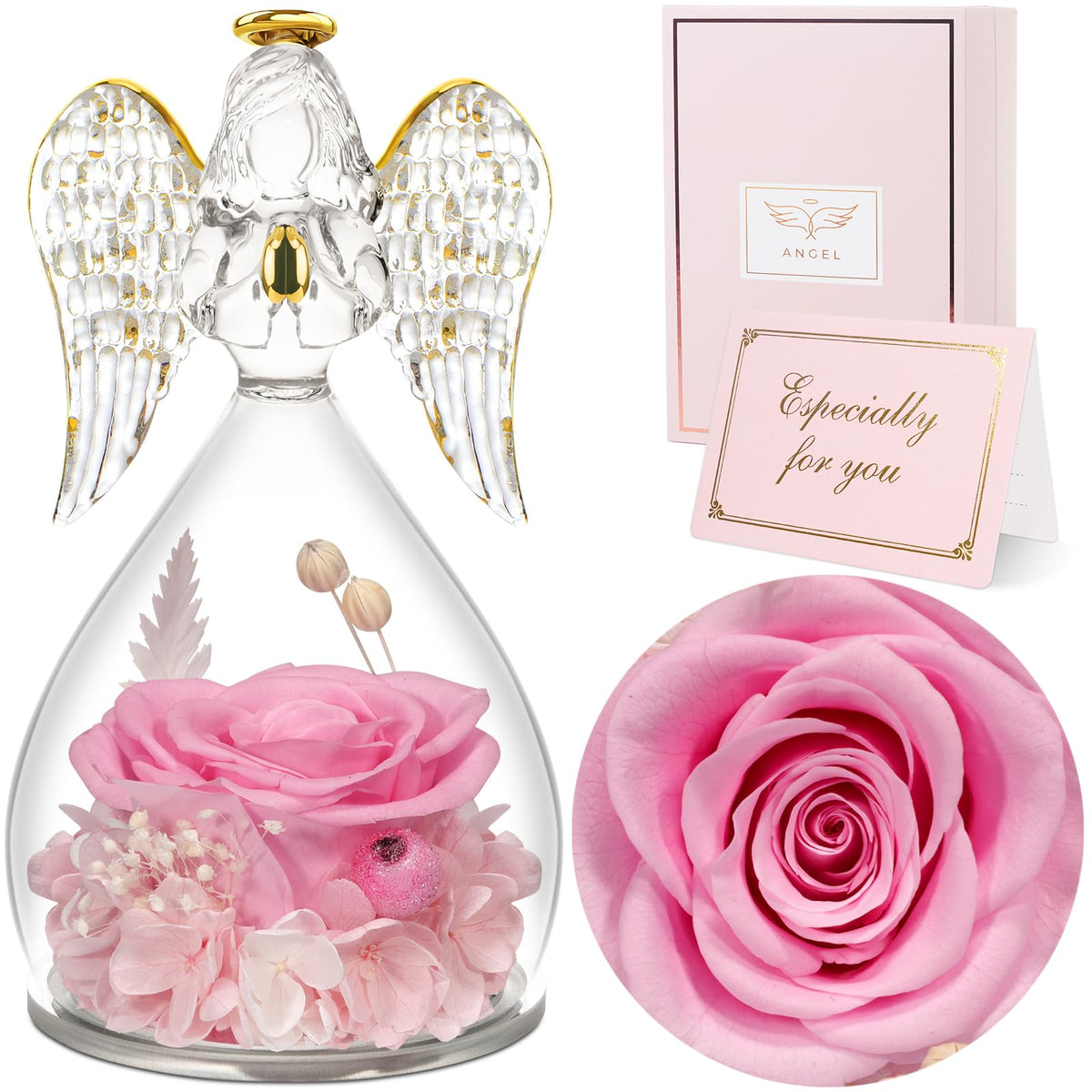 Sunia front view angel figurine showing preserved rose and elegant display